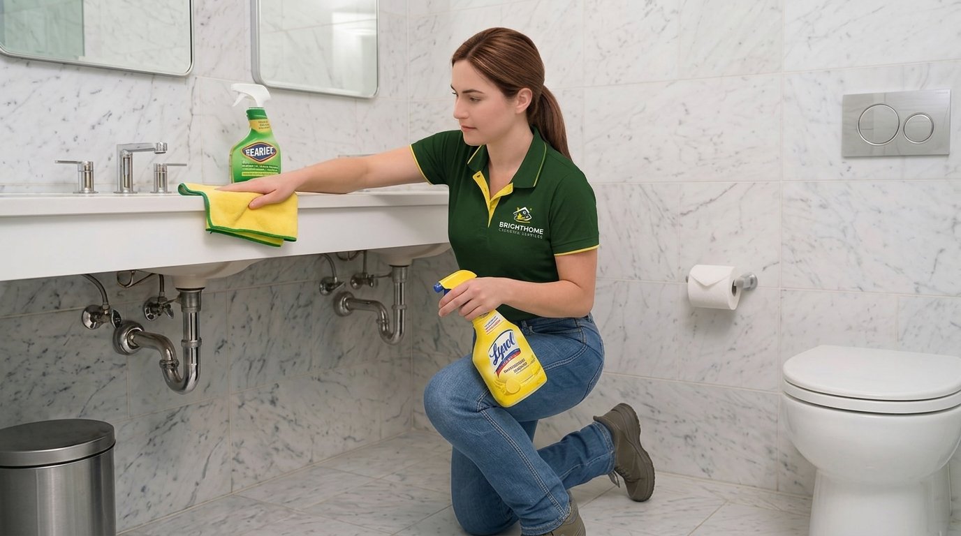 BrightHome cleaner wiping a bathroom vanity