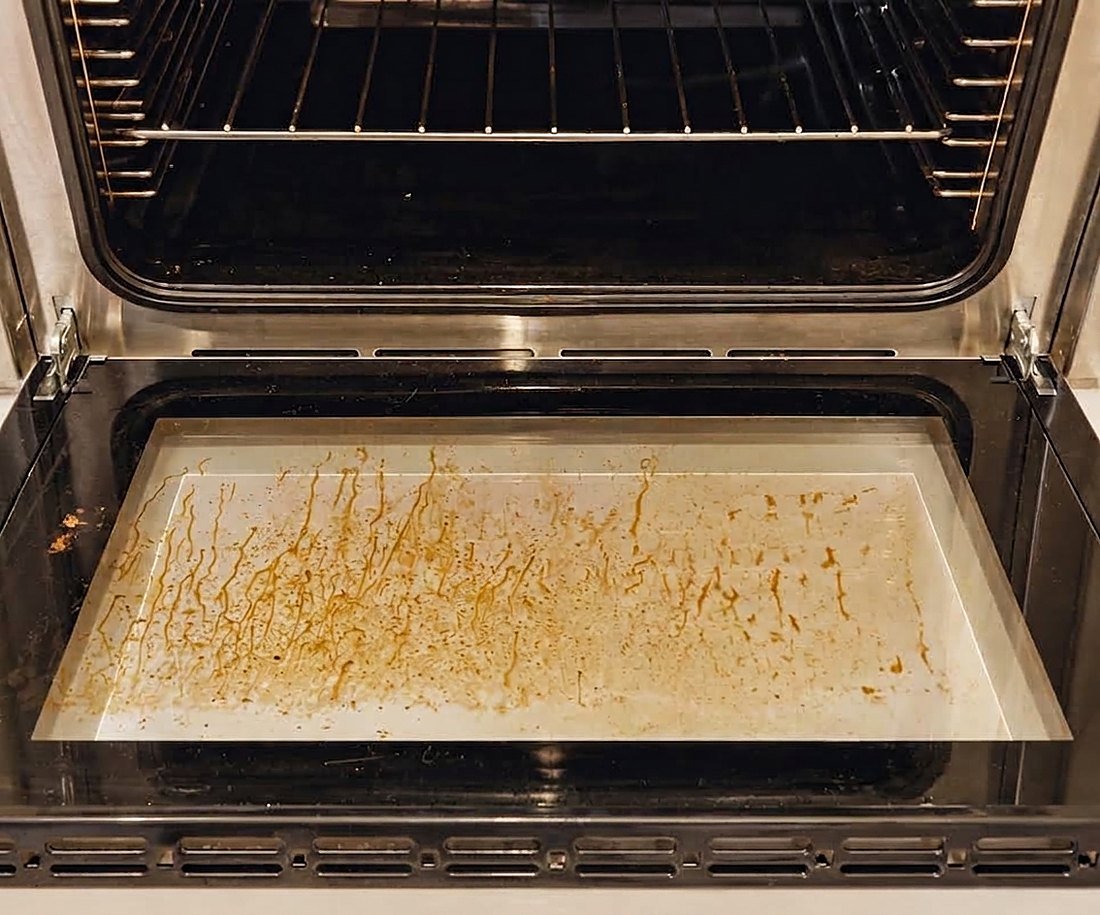 Oven door glass covered in baked-on grease before cleaning