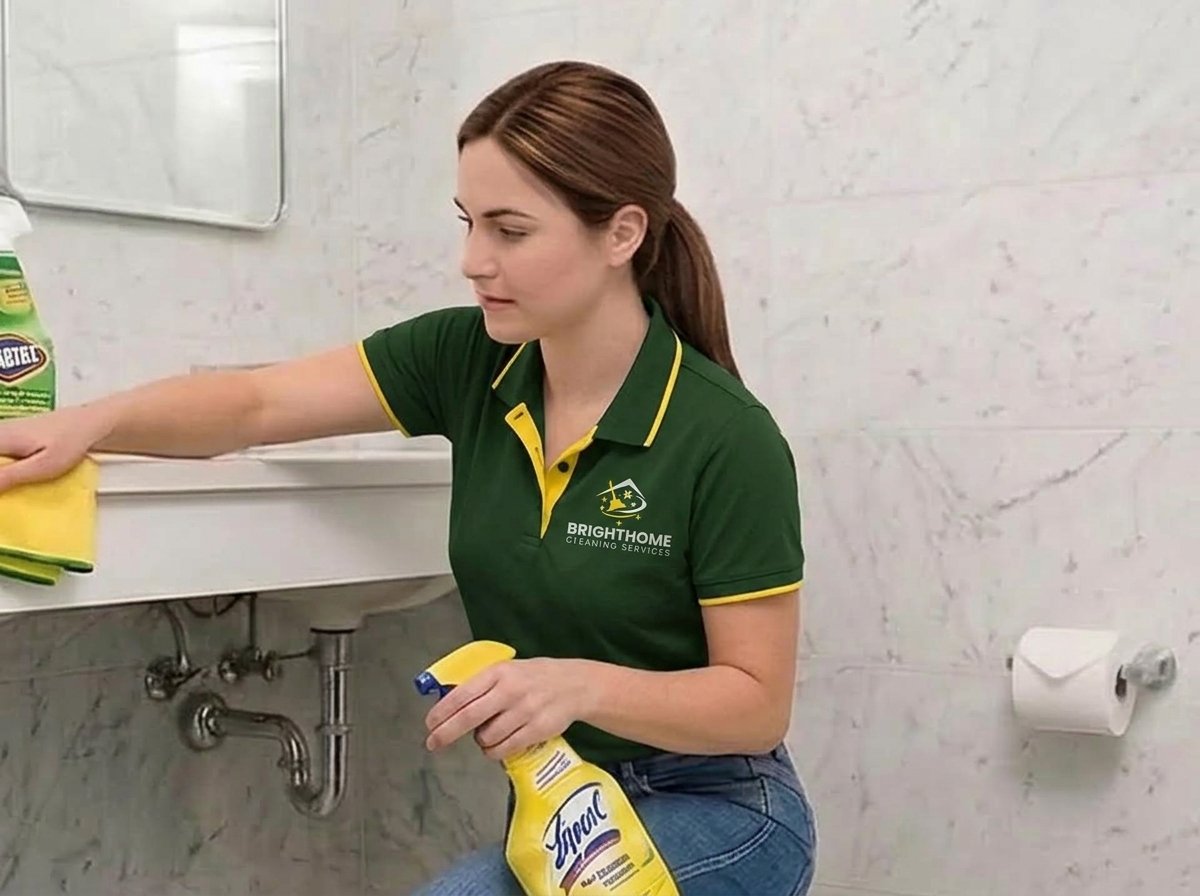 BrightHome cleaner scrubbing a bathroom vanity during a Houston deep clean