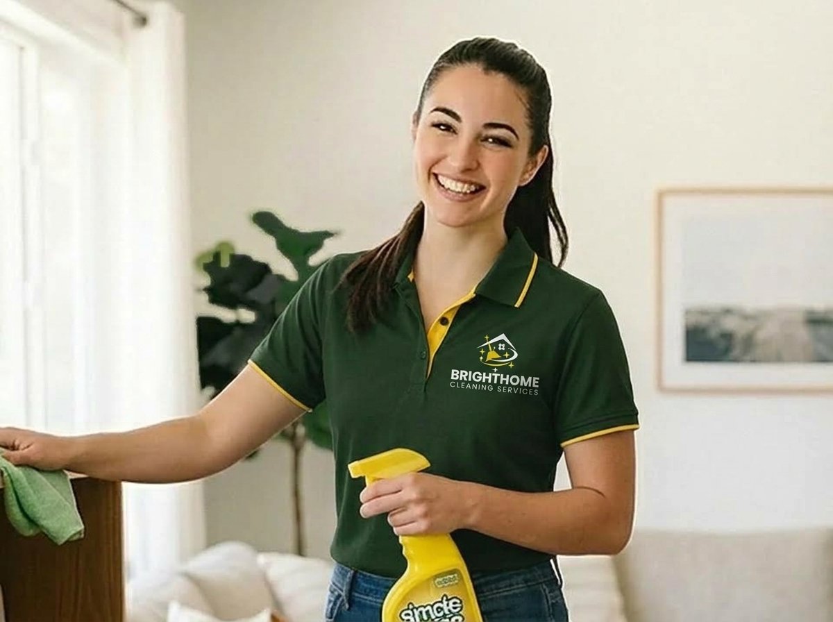 BrightHome cleaner in brand green uniform during a standard house clean in Houston