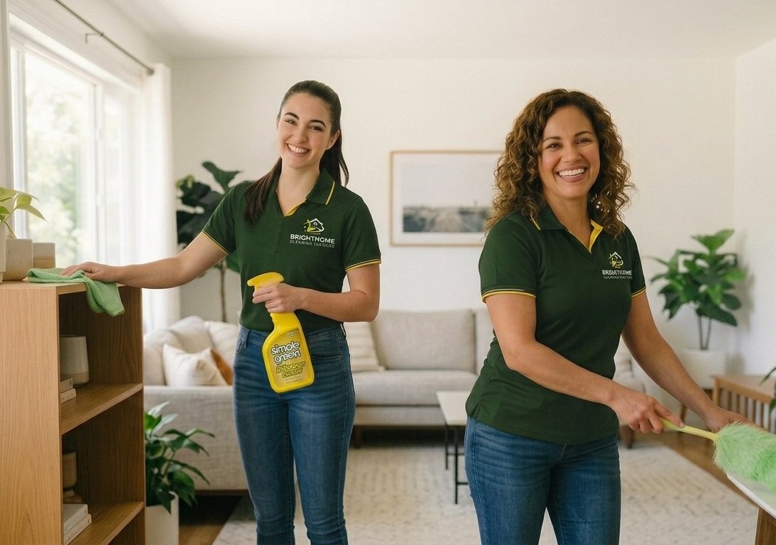 Two BrightHome cleaners in brand green uniform cleaning a Houston living room